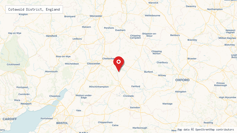 Street map of Cotswold District, England with location pin