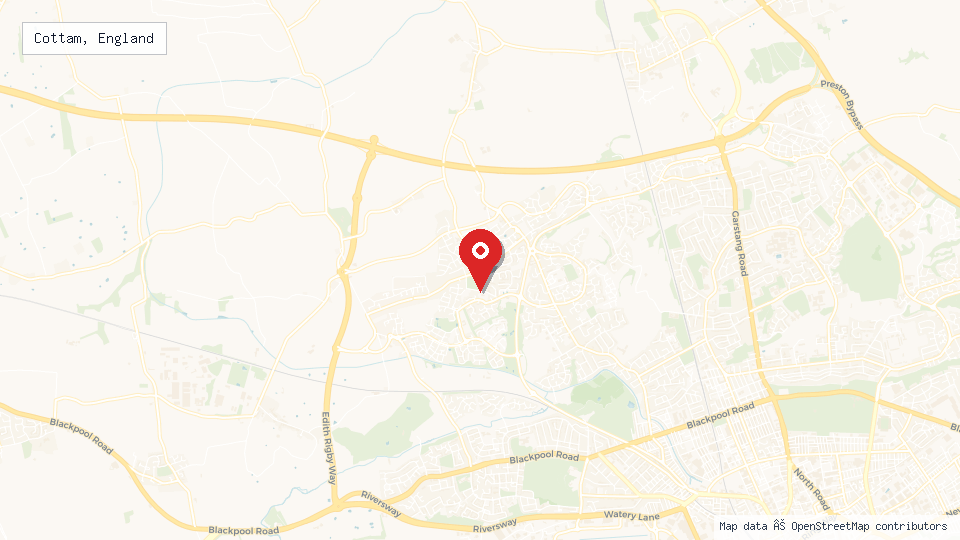 Street map of Cottam, England with location pin
