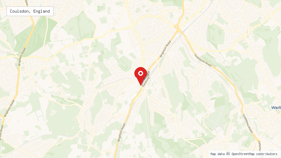 Street map of Coulsdon, England with location pin