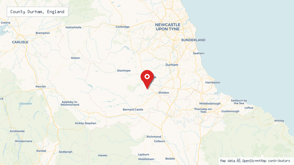 Street map of County Durham, England with location pin