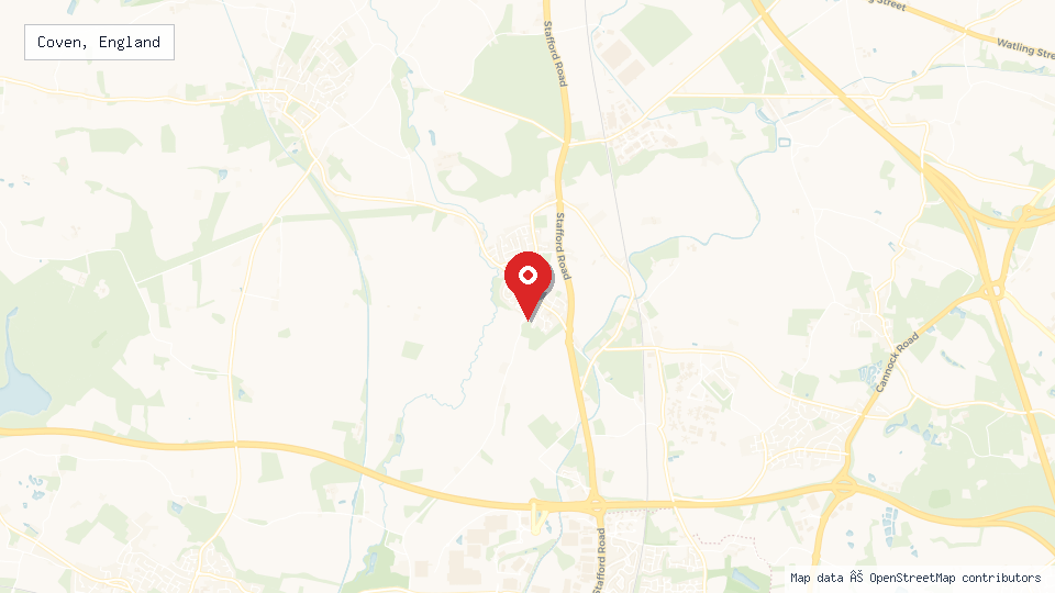 Street map of Coven, England with location pin