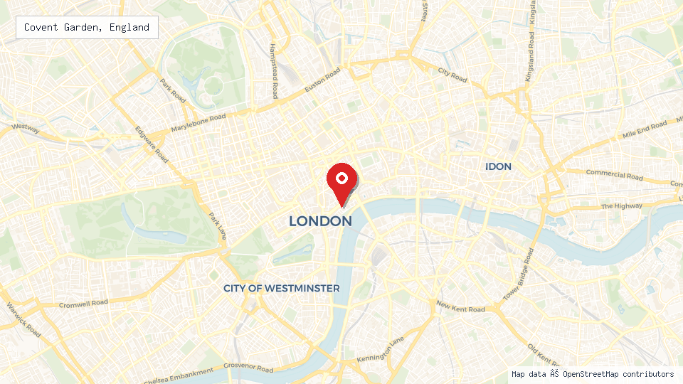 Street map of Covent Garden, England with location pin
