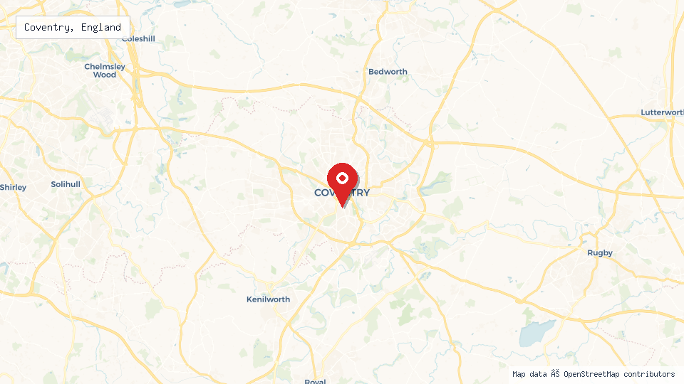 Street map of Coventry, England with location pin