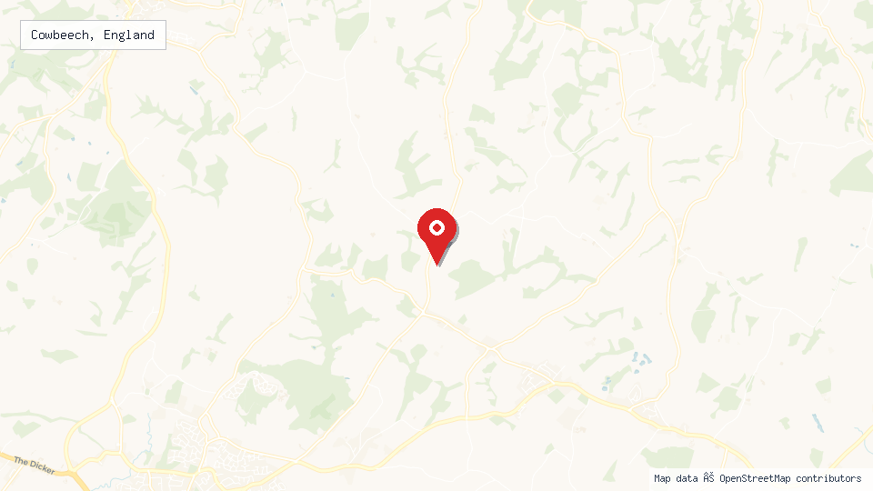 Street map of Cowbeech, England with location pin