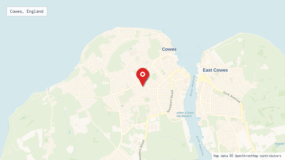 Street map of Cowes, England with location pin