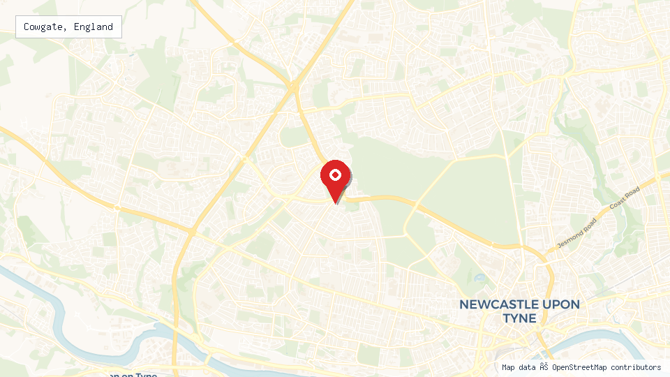 Street map of Cowgate, England with location pin