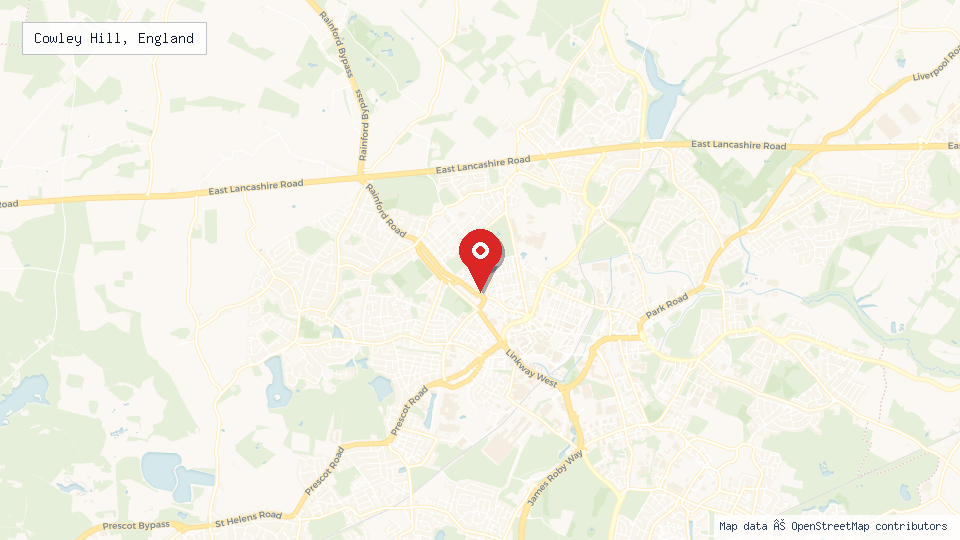 Street map of Cowley Hill, England with location pin
