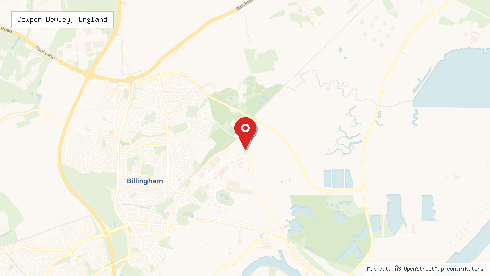 Street map of Cowpen Bewley, England with location pin
