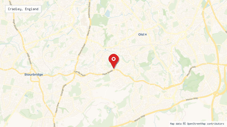 Street map of Cradley, England with location pin
