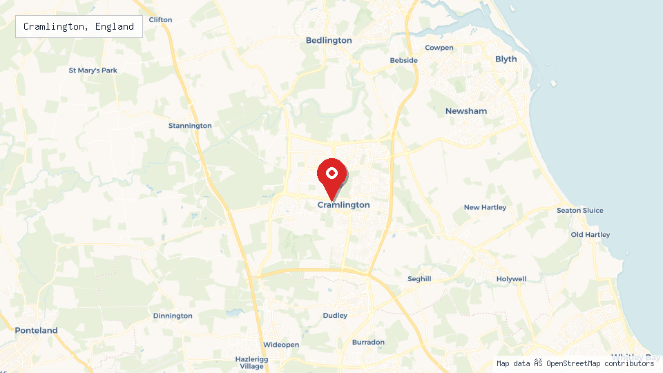Street map of Cramlington, England with location pin