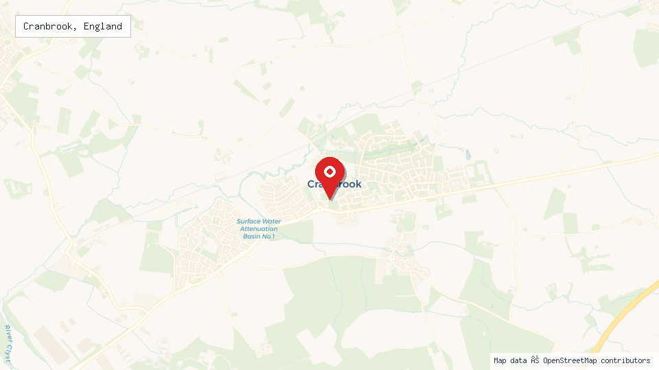 Street map of Cranbrook, England with location pin