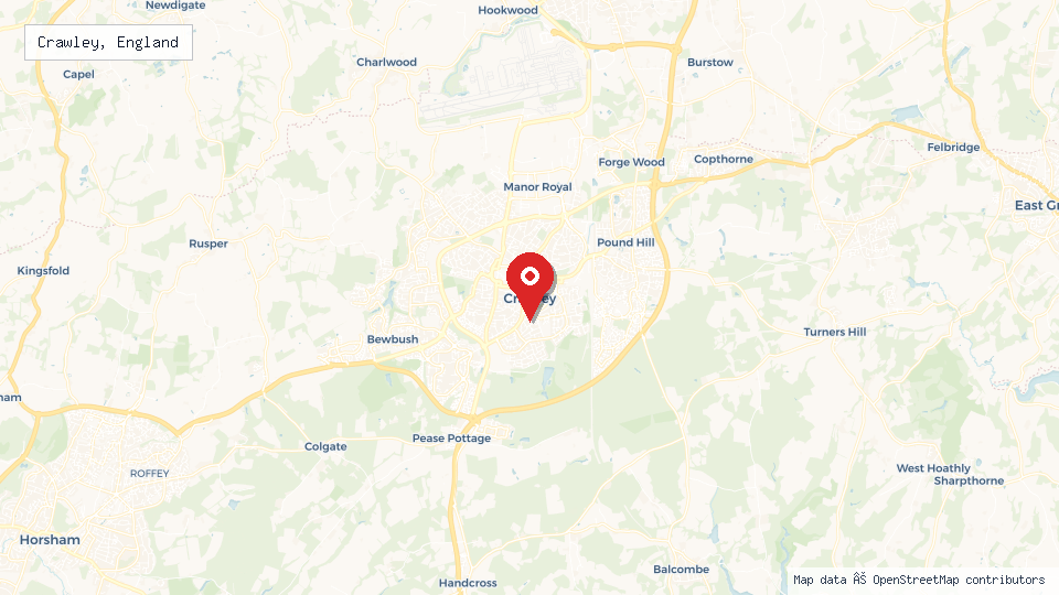 Street map of Crawley, England with location pin