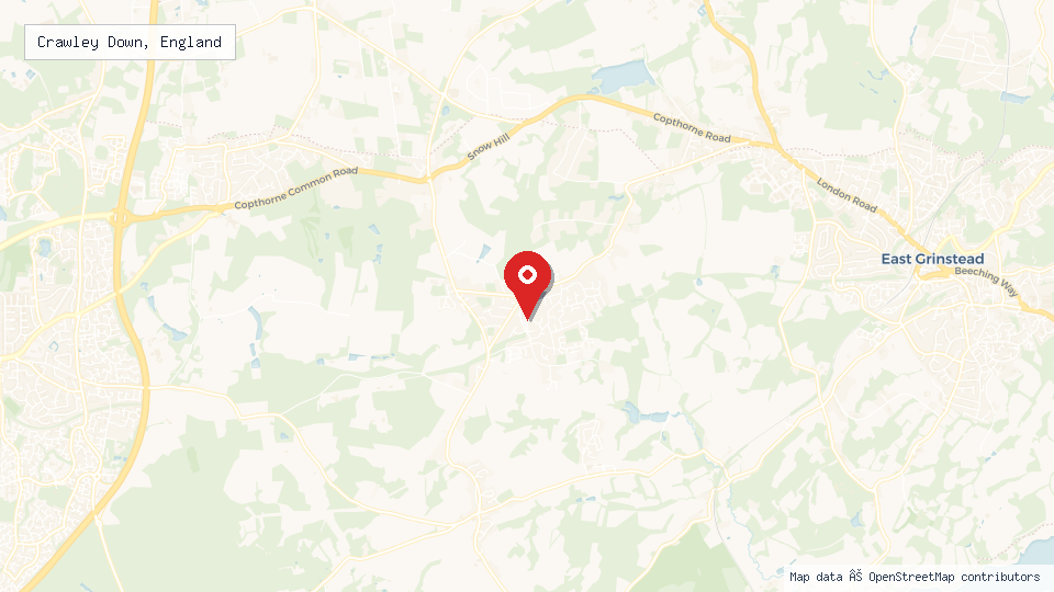 Street map of Crawley Down, England with location pin