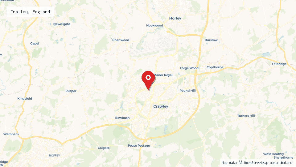 Street map of Crawley, England with location pin