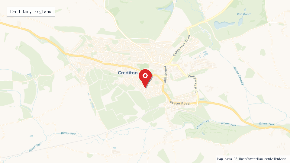 Street map of Crediton, England with location pin