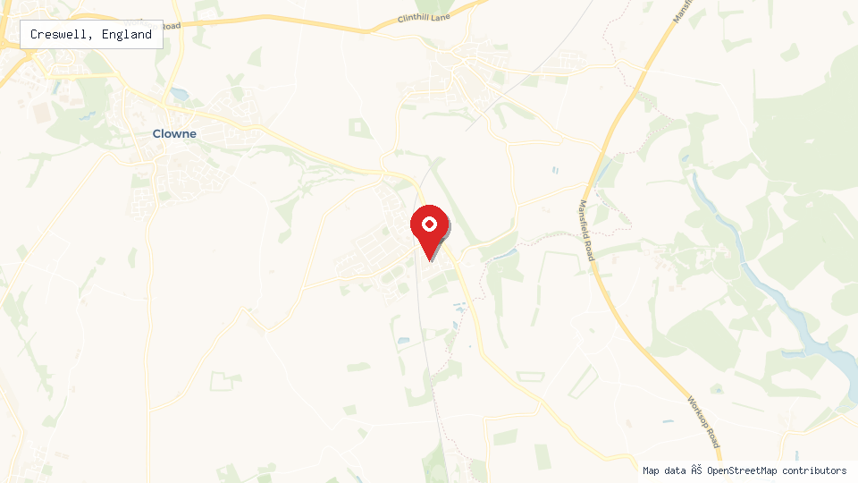Street map of Creswell, England with location pin