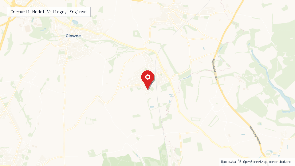 Street map of Creswell Model Village, England with location pin