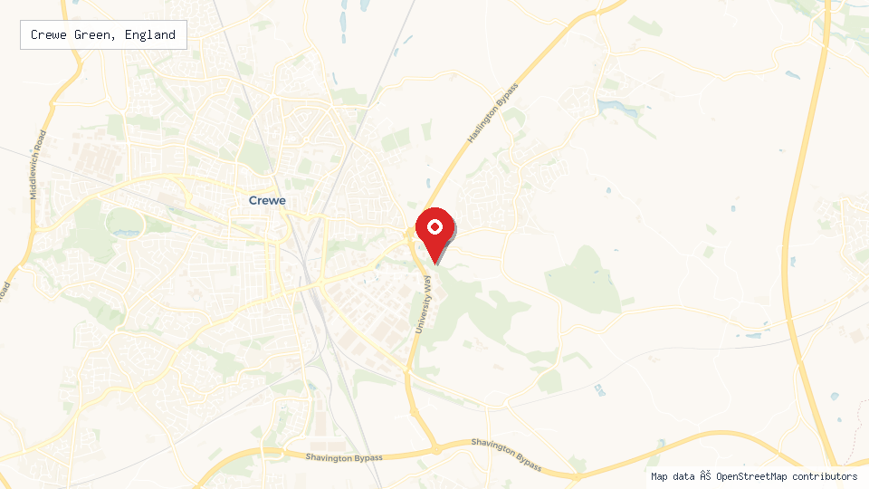 Street map of Crewe Green, England with location pin