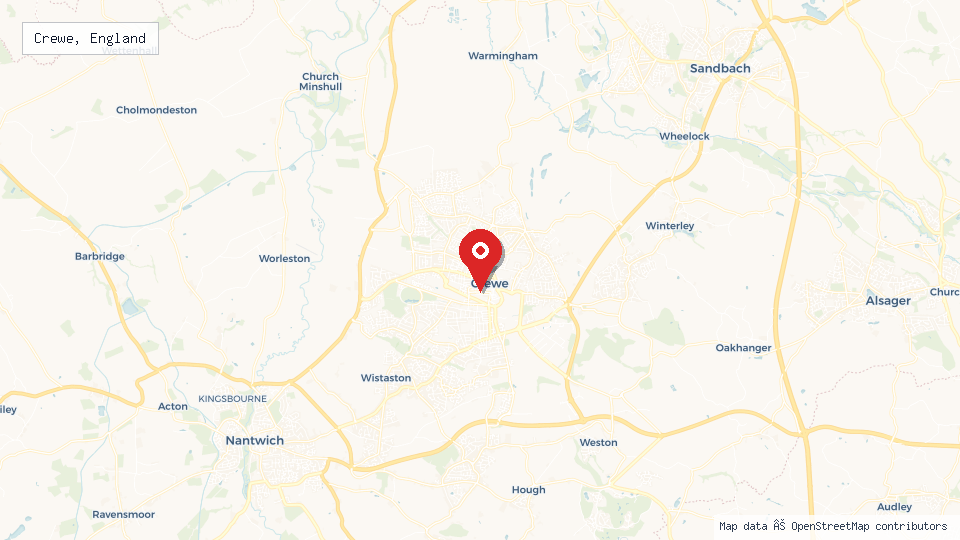 Street map of Crewe, England with location pin