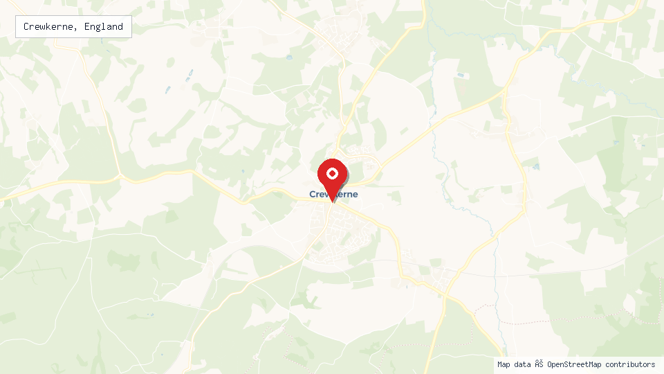 Street map of Crewkerne, England with location pin