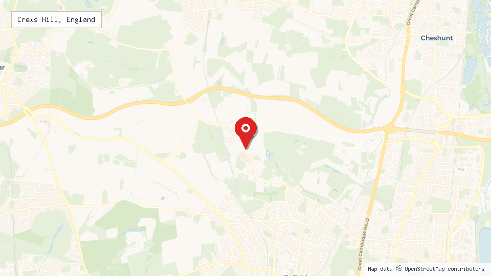 Street map of Crews Hill, England with location pin