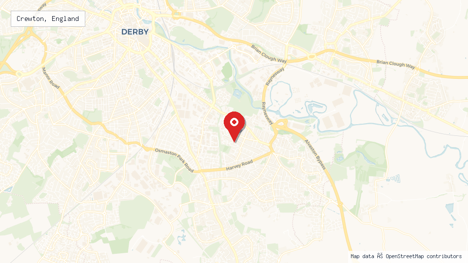 Street map of Crewton, England with location pin