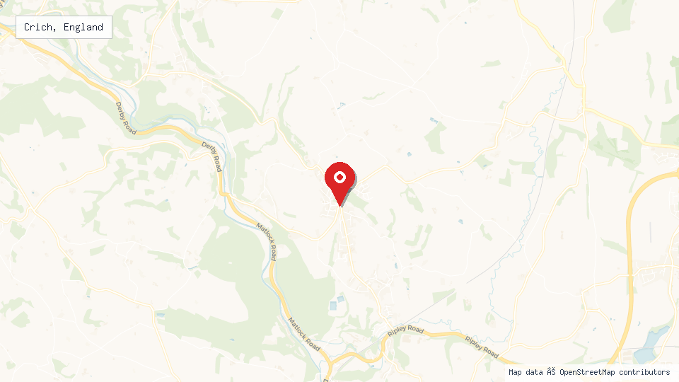 Street map of Crich, England with location pin