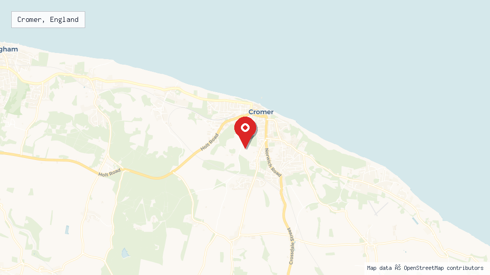 Street map of Cromer, England with location pin