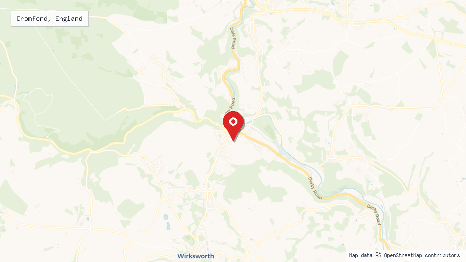 Street map of Cromford, England with location pin