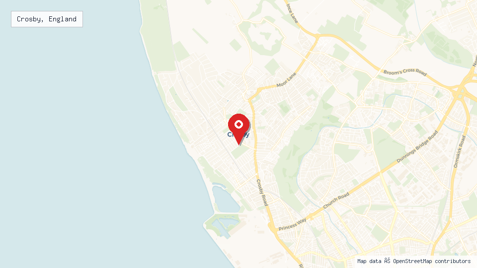 Street map of Crosby, England with location pin
