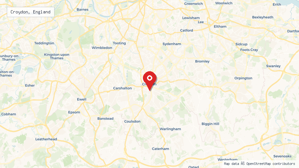 Street map of Croydon, England with location pin