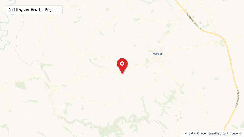 Street map of Cuddington Heath, England with location pin