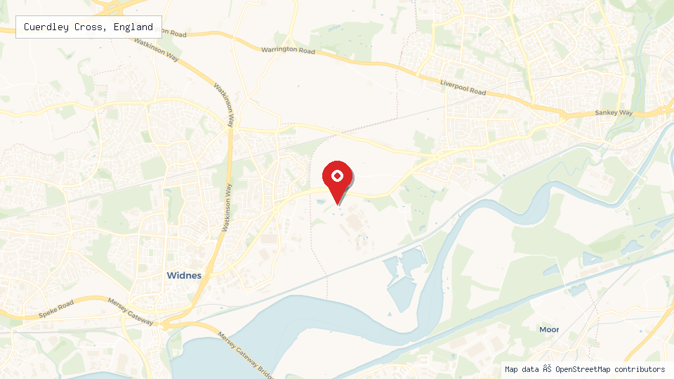 Street map of Cuerdley Cross, England with location pin