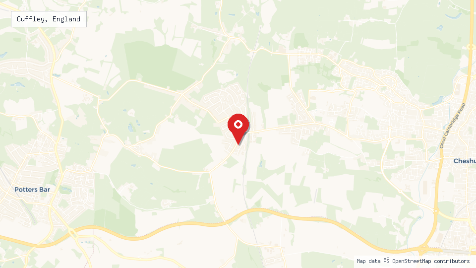 Street map of Cuffley, England with location pin