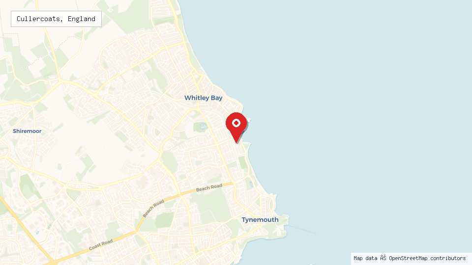 Street map of Cullercoats, England with location pin
