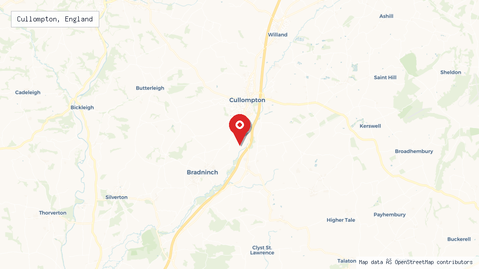 Street map of Cullompton, England with location pin