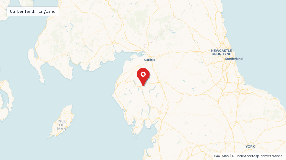 Street map of Cumberland, England with location pin