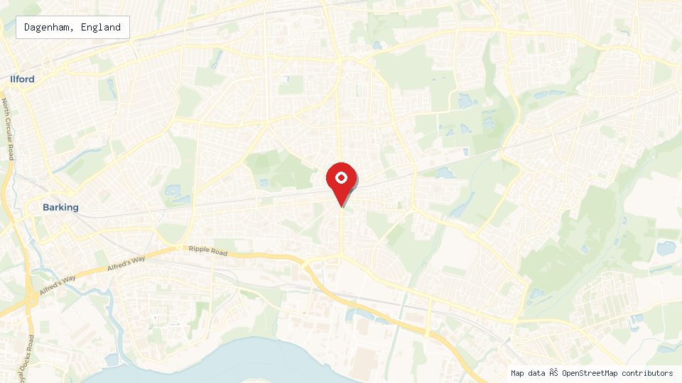 Street map of Dagenham, England with location pin