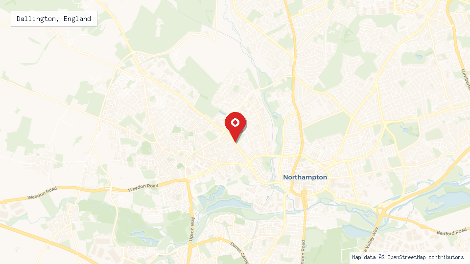 Street map of Dallington, England with location pin