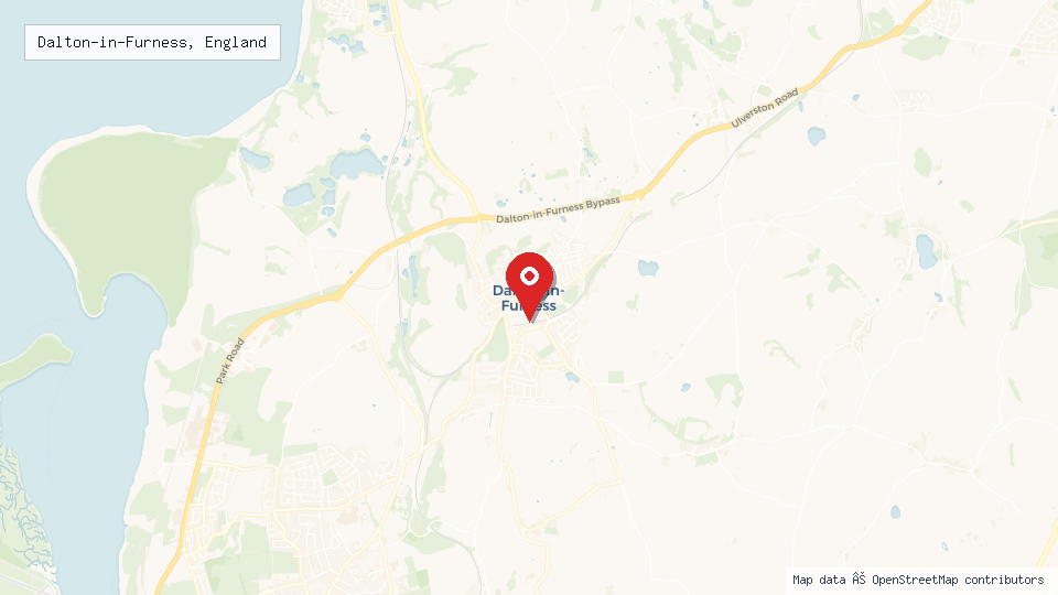 Street map of Dalton-in-Furness, England with location pin