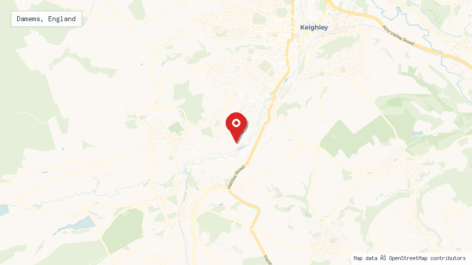 Street map of Damems, England with location pin