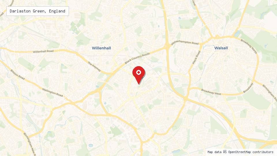 Street map of Darlaston Green, England with location pin