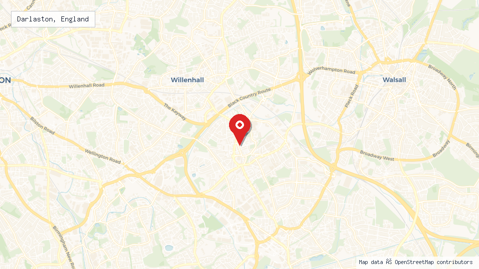 Street map of Darlaston, England with location pin