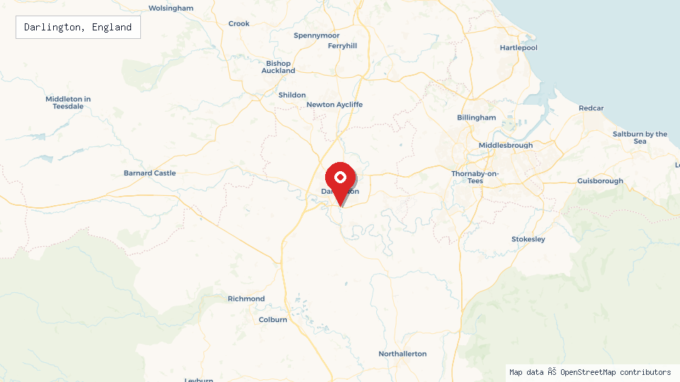 Street map of Darlington, England with location pin
