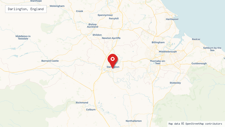 Street map of Darlington, England with location pin