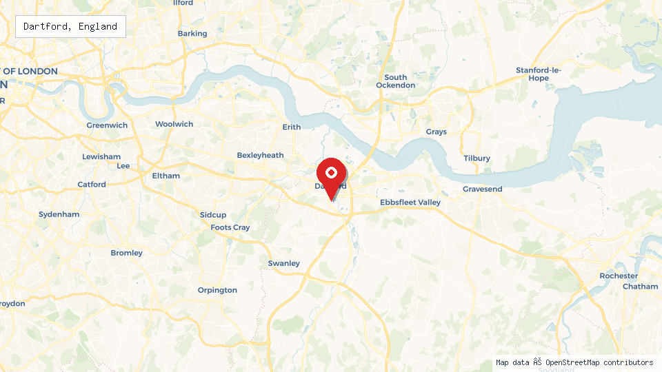 Street map of Dartford, England with location pin