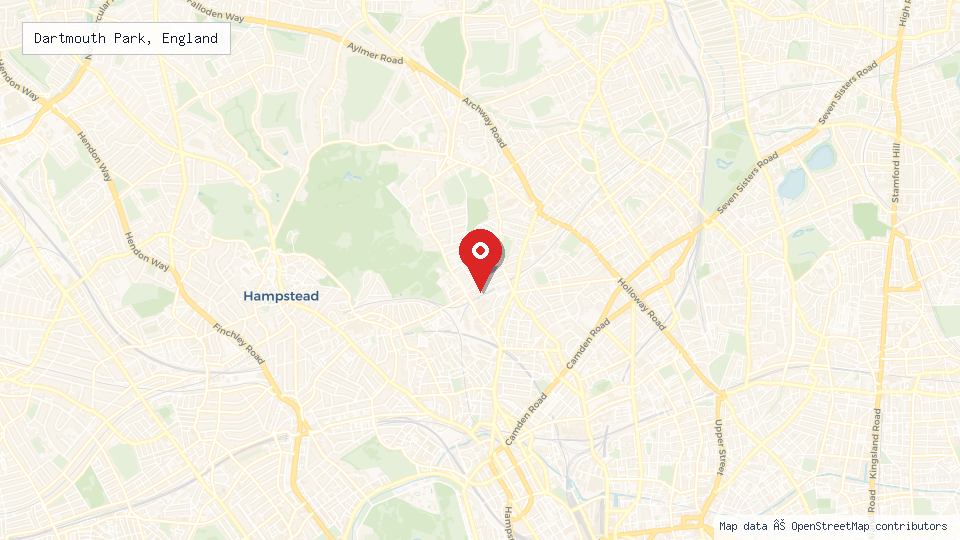 Street map of Dartmouth Park, England with location pin