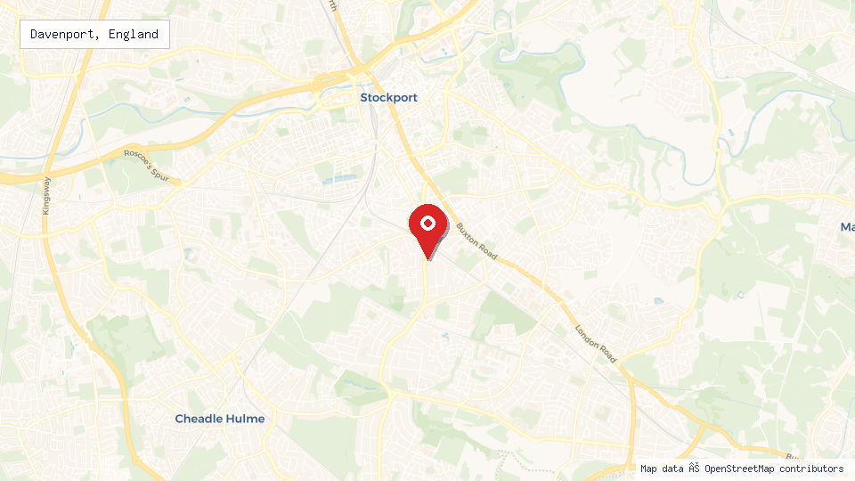 Street map of Davenport, England with location pin