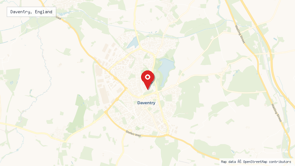 Street map of Daventry, England with location pin
