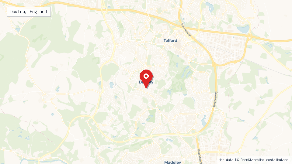 Street map of Dawley, England with location pin